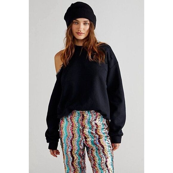 NWT FREE PEOPLE X TRICIA FIX Sz S CUTOUT SWEATSHIRT IN BLACK - Picture 2 of 5